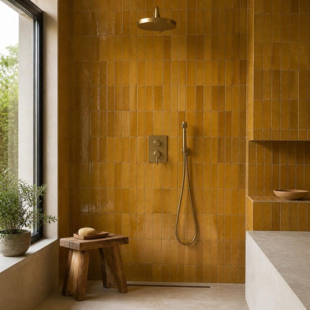 Amber 2x6 bejmat zellige tile shower wall