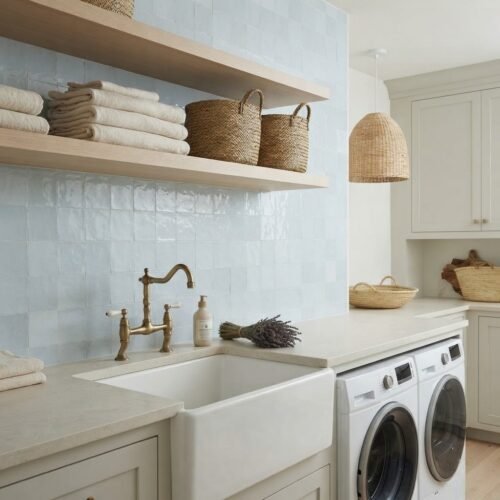 Glacier Blue 2x2 square zellige tile installation