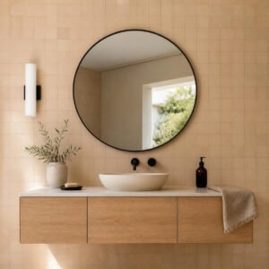 Unglazed natural 2x2 square zellige tile bathroom vanity wall