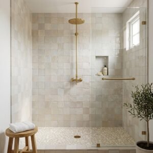 Walk-in shower with white handmade zellige wall tiles