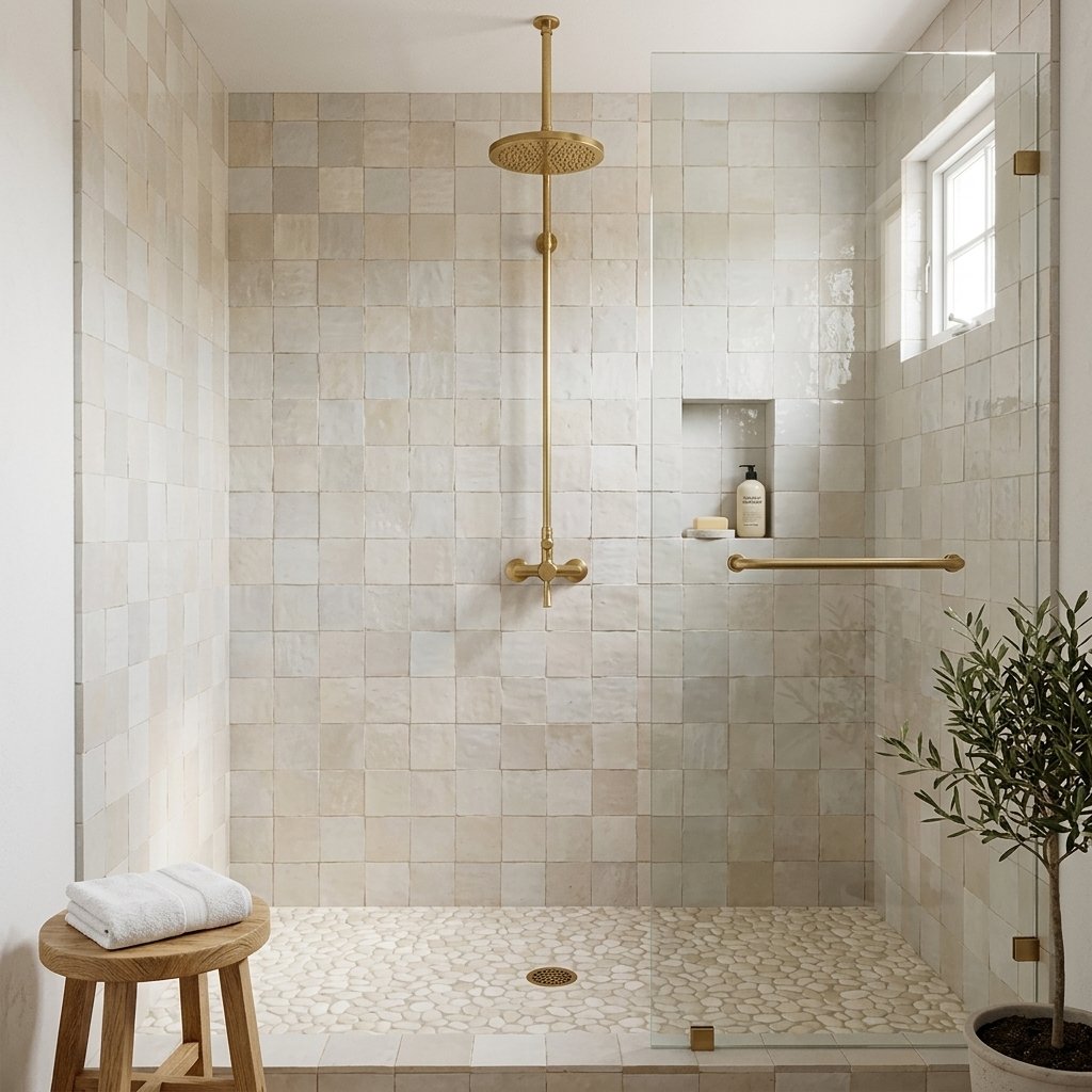 Walk-in shower with white handmade zellige wall tiles