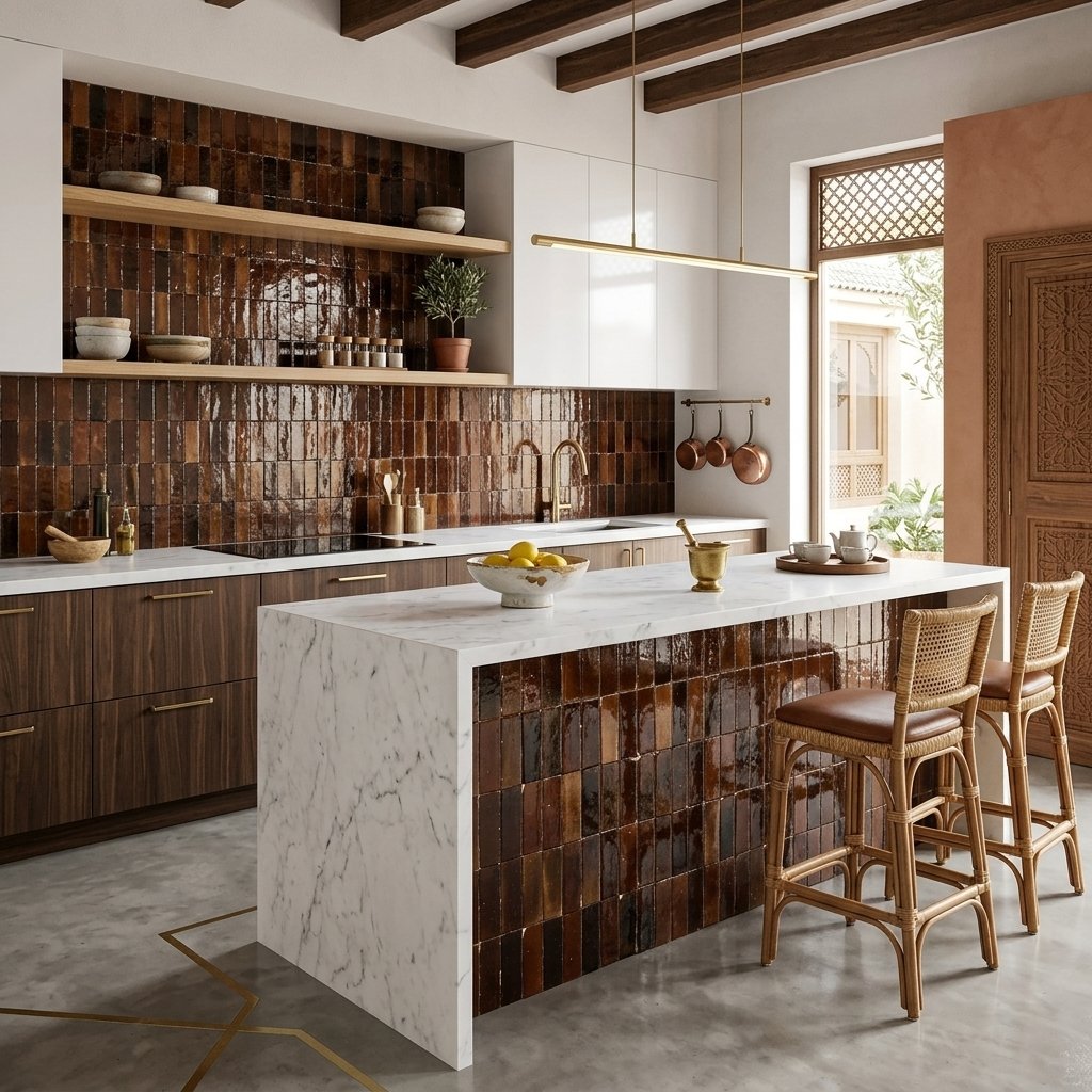 Kitchen with glossy brown zellige tile backsplash and island