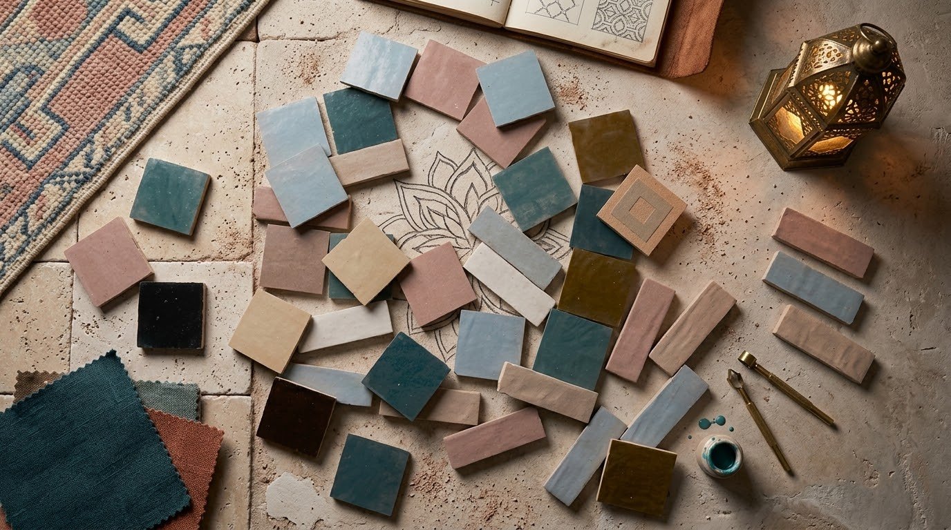 Assorted colors of handmade Moroccan zellige tile samples