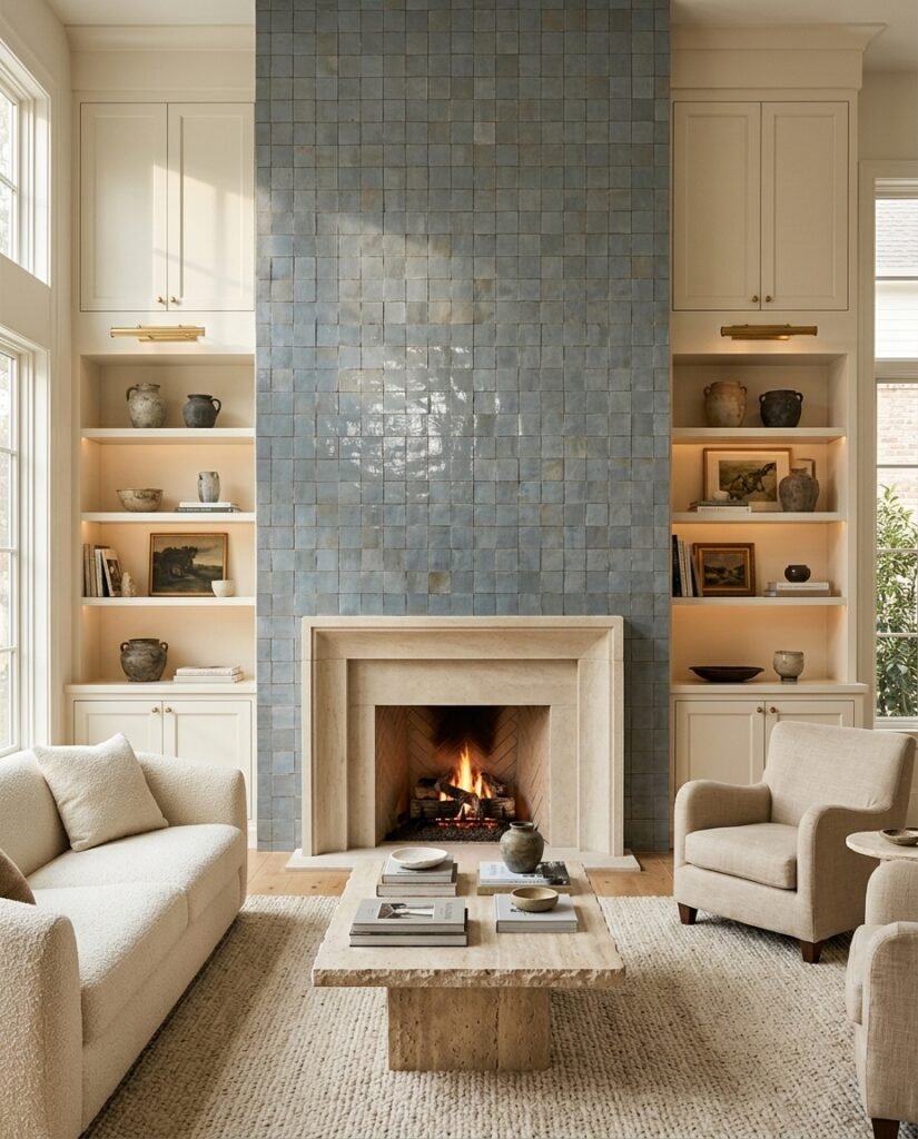 Floor-to-ceiling blue zellige tile fireplace surround with a stone mantel