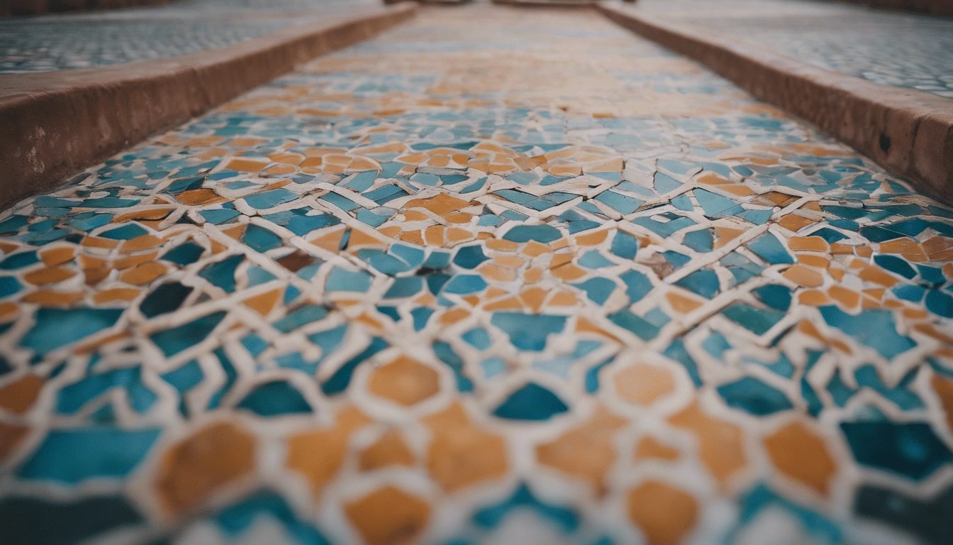 Traditional Moroccan zellige mosaic floor in blue and ochre